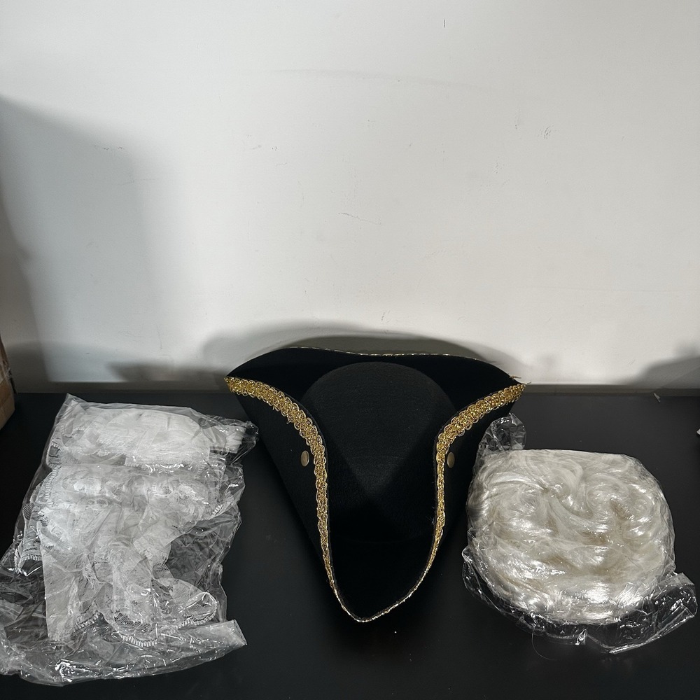 New Zhanmai Founding Fathers Colonial Costume Tricorn Hat White Wig Lace Cuffs - Picture 2 of 12